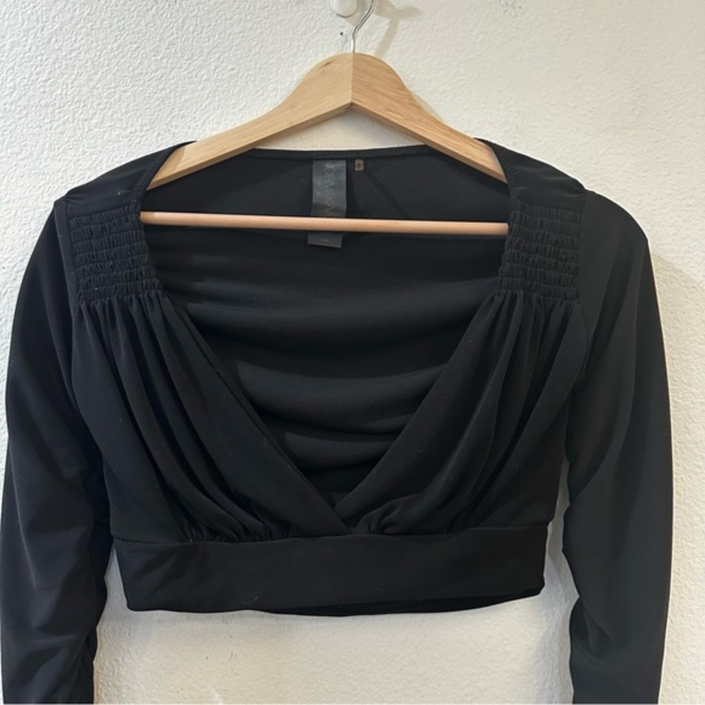 Norma Kamali Gathered Jersey Crop Top Black Ruched Long Sleeves Size XS‎ - Picture 2 of 8